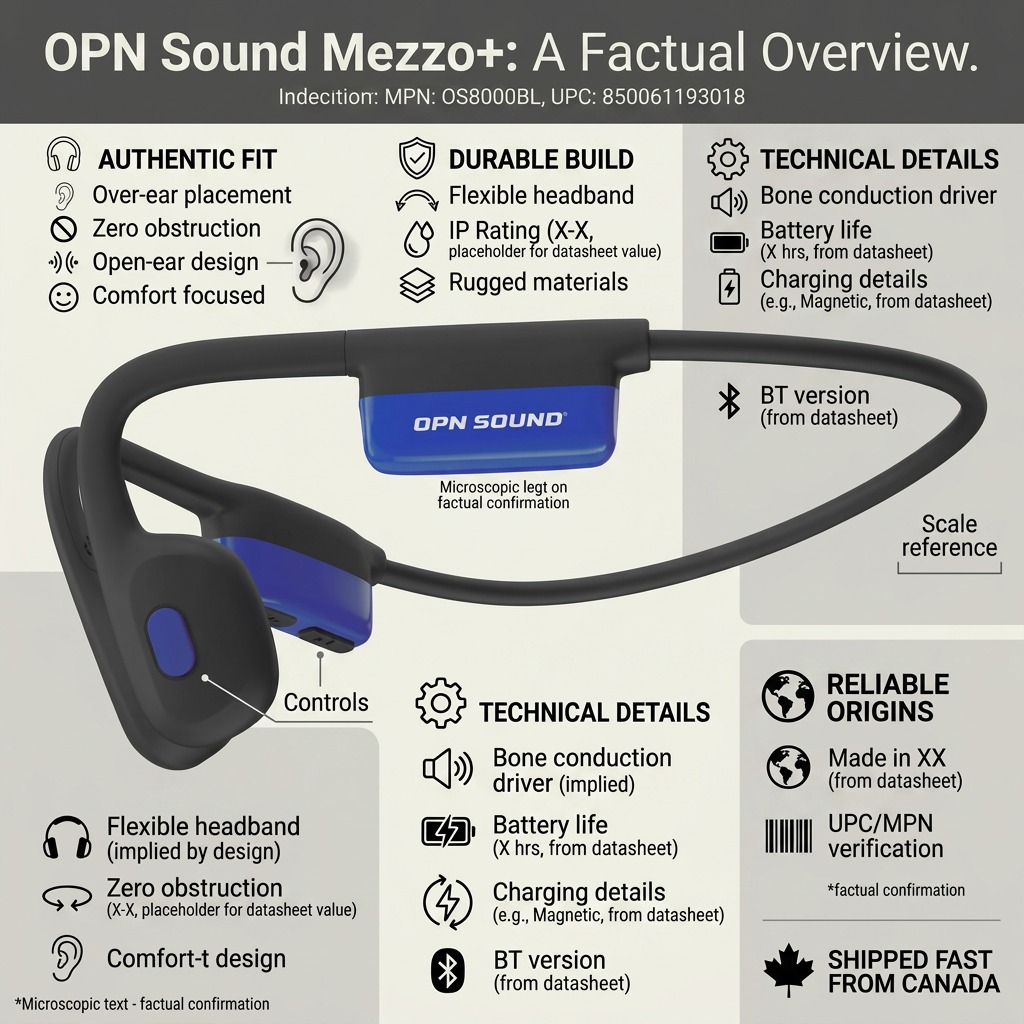 Factual authority infographic for OPN Sound Mezzo+ (OS8000BL, 850061193018) with icons, short cues, and fast Canadian shipping.