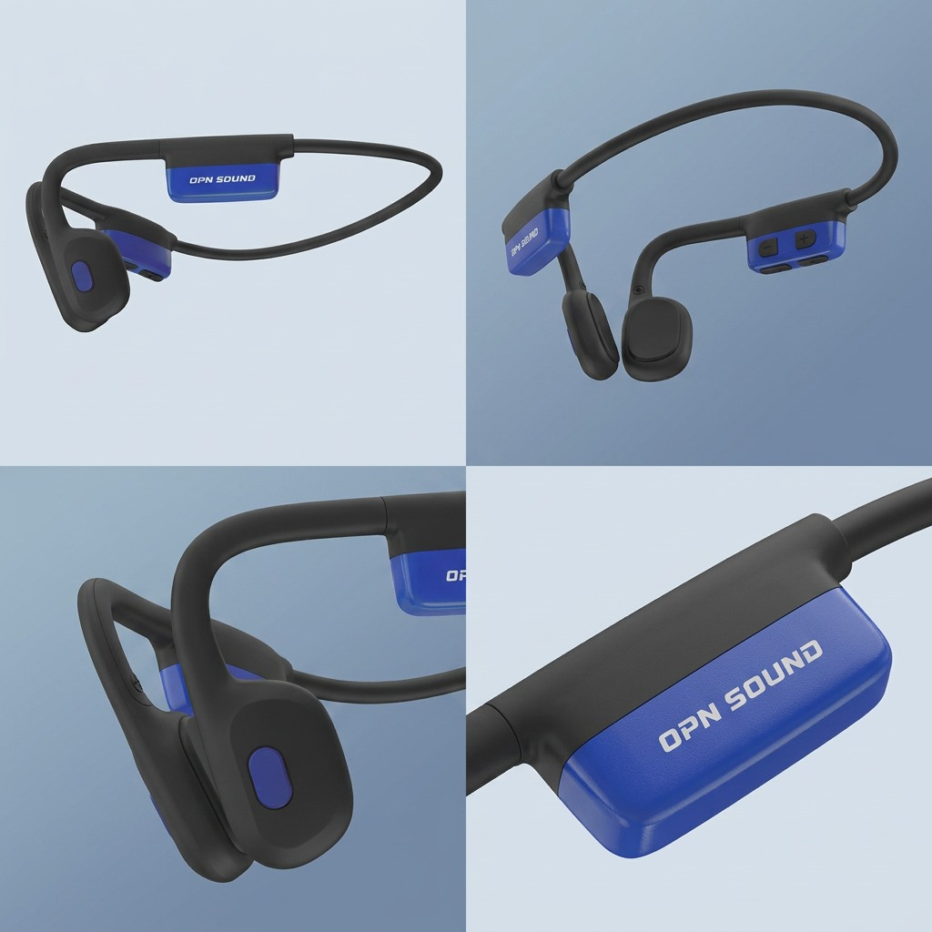 A 2x2 grid matrix showing four identical OPN Sound Mezzo+ bone conduction headphones in black and blue from different angles.