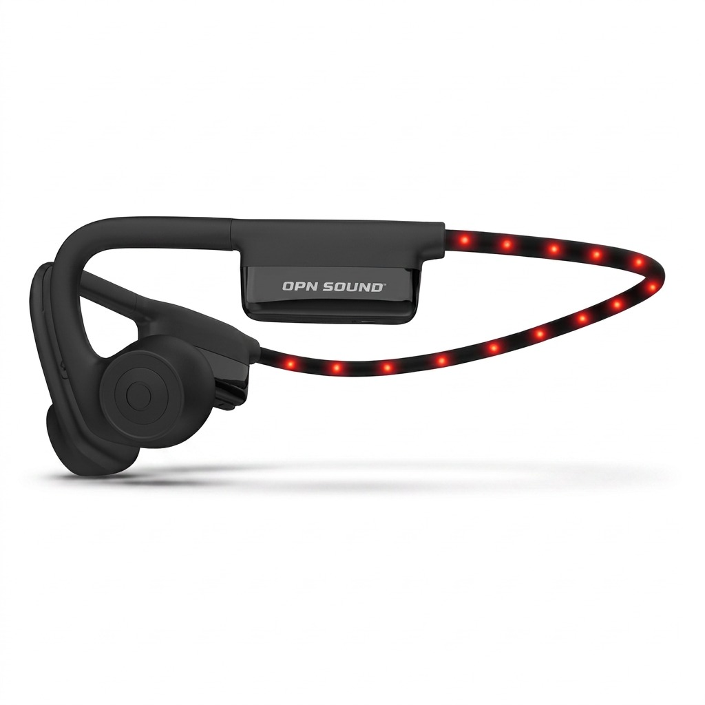 OPN Sound Dashlyte+ matte black open-ear headphones with red LED strip on white background.