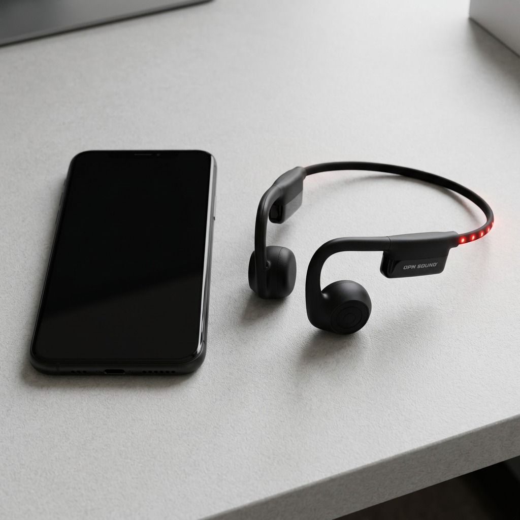 OPN Sound Dashlyte+ headphones (OS4500BL) and a black sports watch on a white desk, showing size.