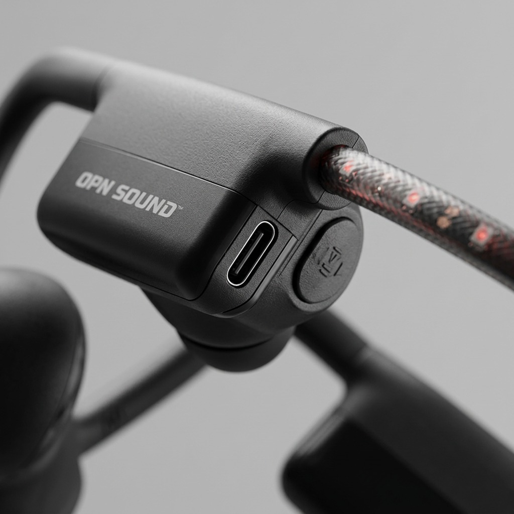 Macro view of OPN Sound Dashlyte+, highlighting USB-C port, power button, and text print.