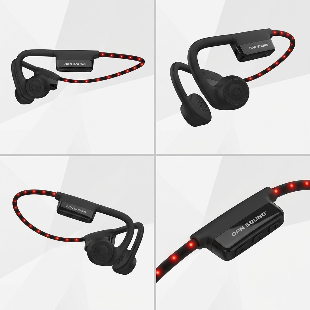 A matrix image featuring the OPN Sound open-ear headphones from four different angles.