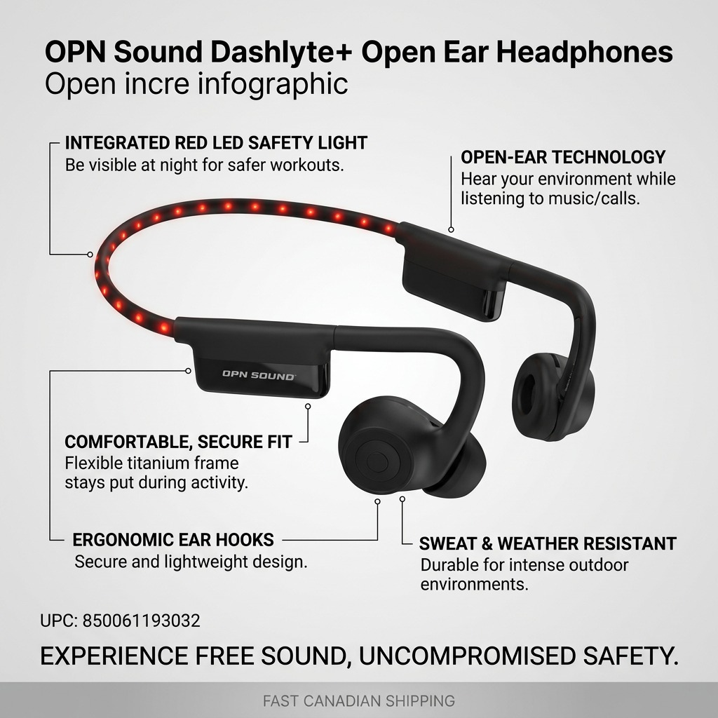 OPN Sound Dashlyte+ operational infographic with LED safety light and open-ear feature callouts.