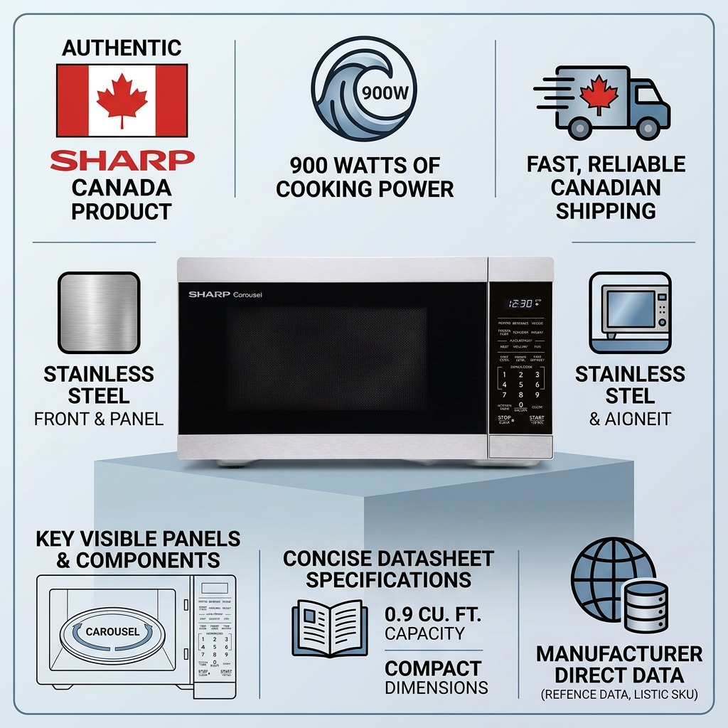 Trust infographic for a SHARP microwave highlighting features and fast Canadian shipping.