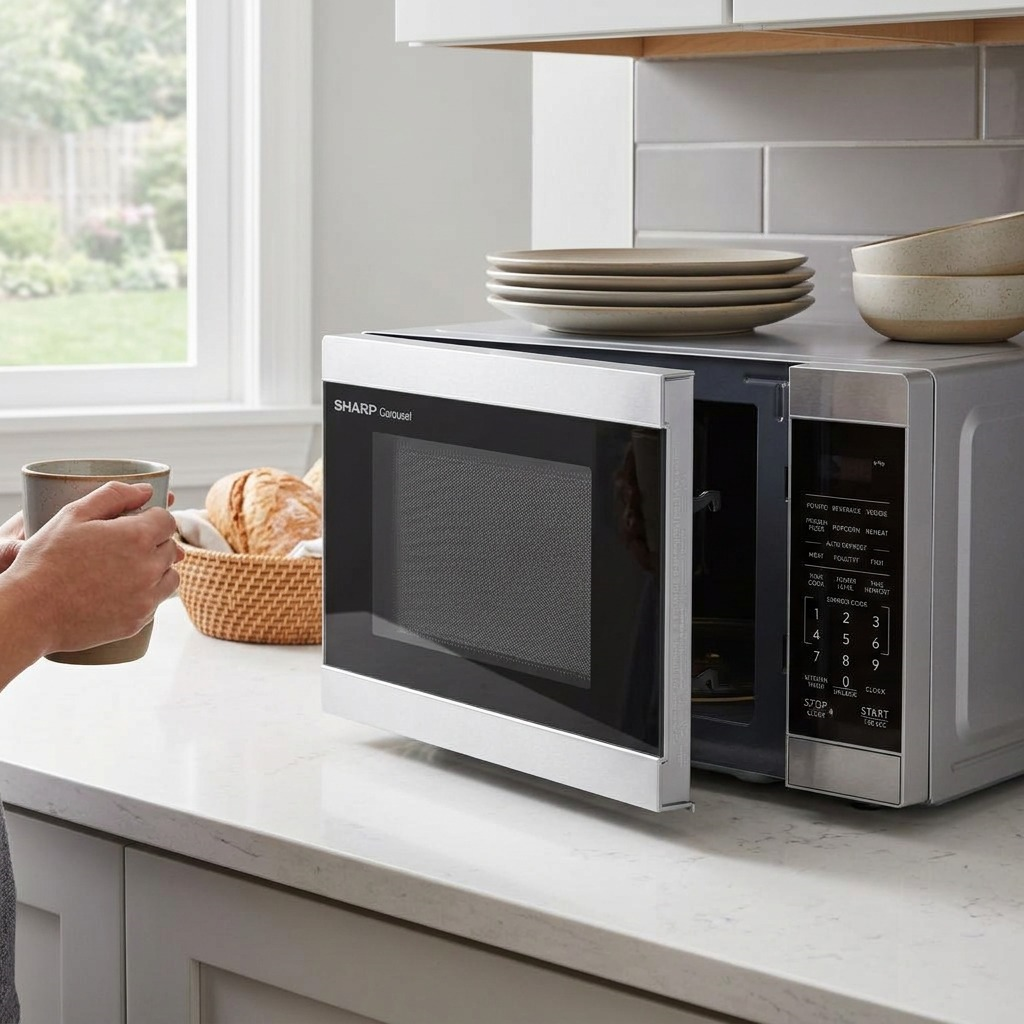 A lifestyle image of the SHARP SMC0962KSC microwave in a modern kitchen setting, showing it in actual use.
