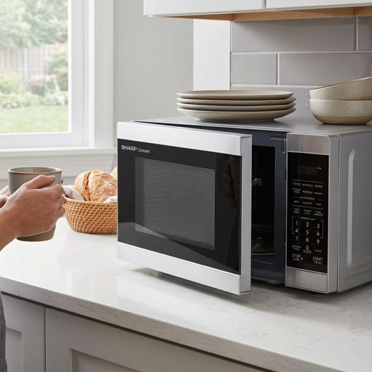 A lifestyle image of the SHARP SMC0962KSC microwave in a modern kitchen setting, showing it in actual use.
