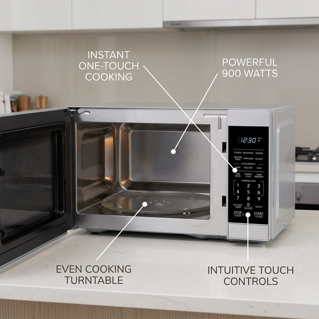Product visual graphic for SHARP microwave highlighting core features with factual, short callouts.