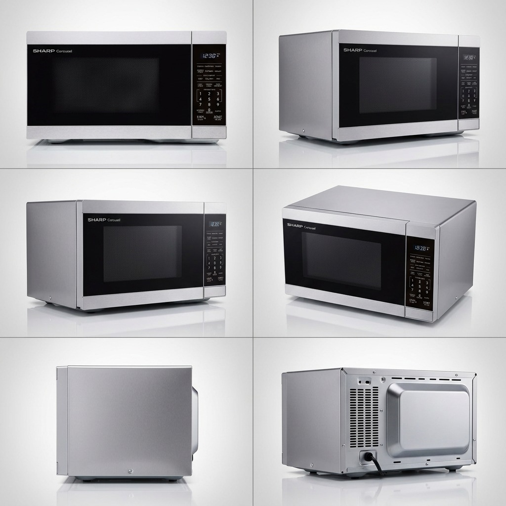 A 3x2 matrix showing the same SHARP stainless steel microwave from multiple useful angles.