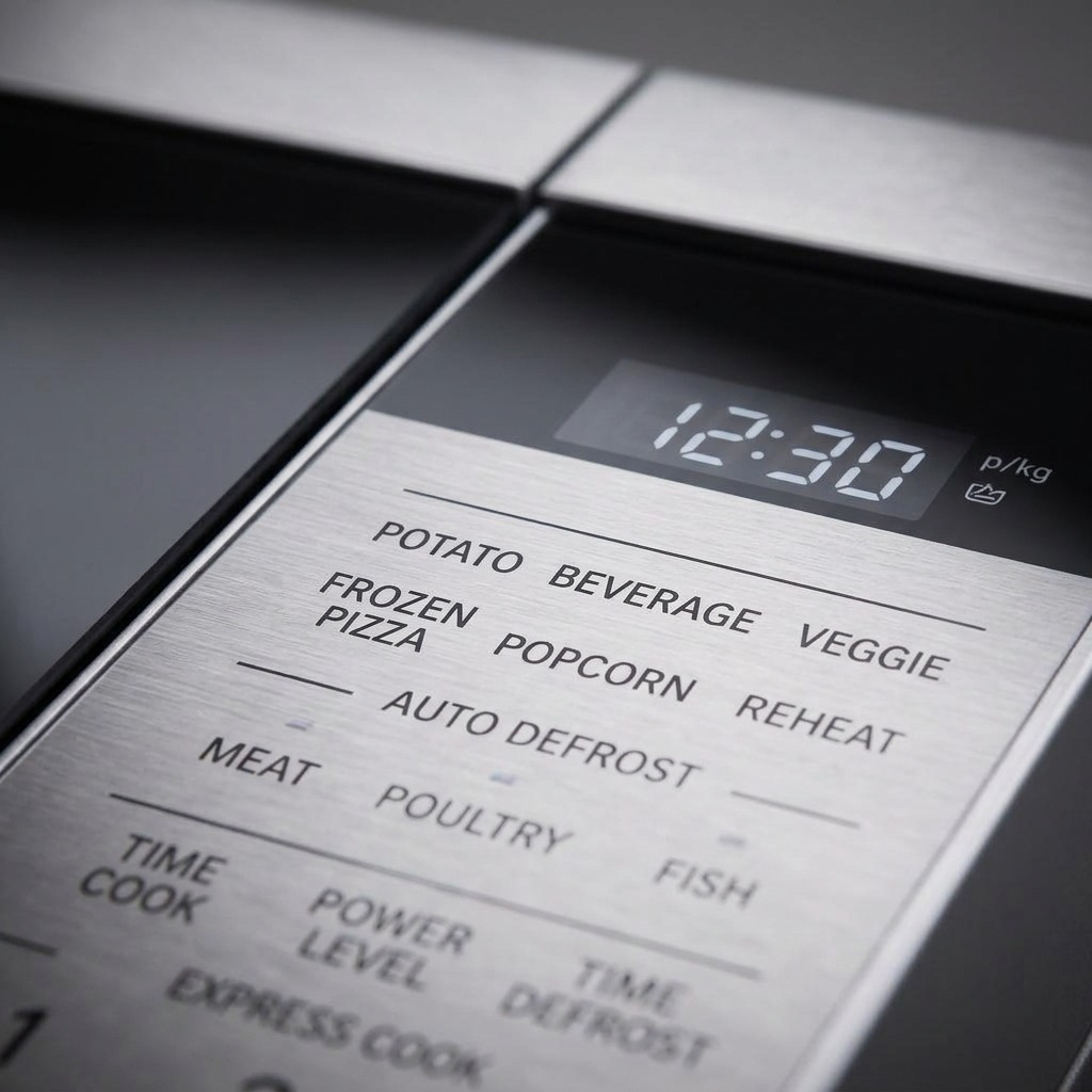 Extreme close-up of the stainless steel control panel, highlighting precise text labels and button texture.