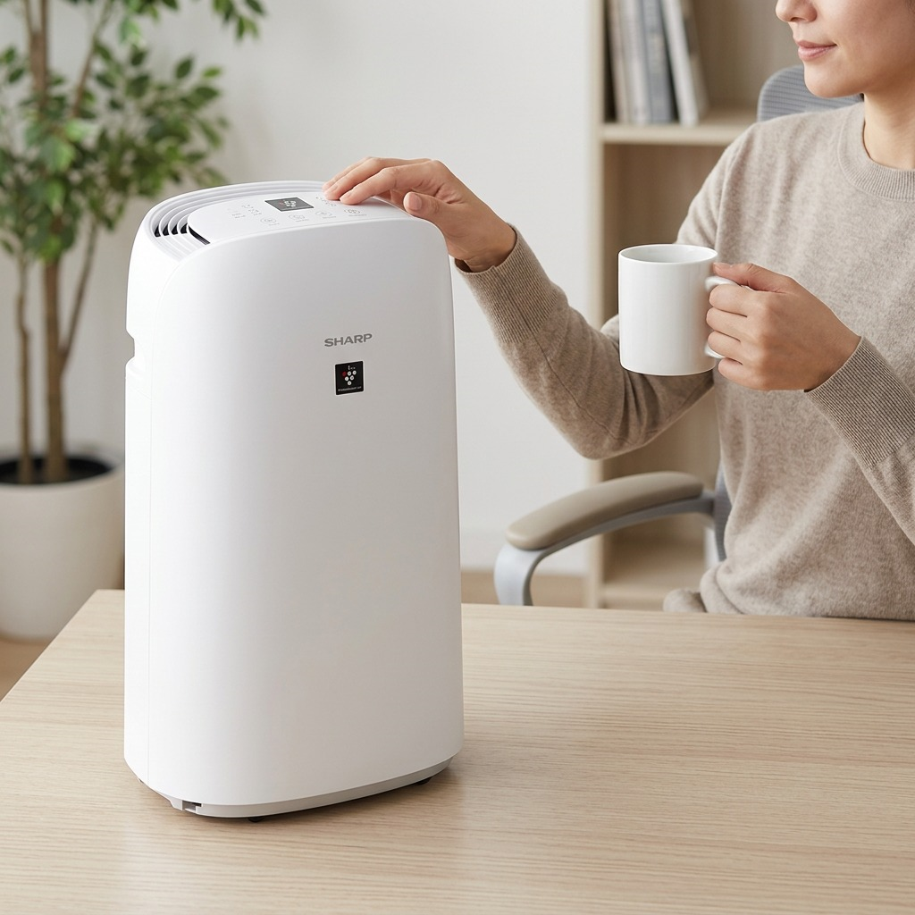 A scale-reference image of the Sharp KCP110CW air purifier, next to a standard office coffee mug and a mouse on a desk.
