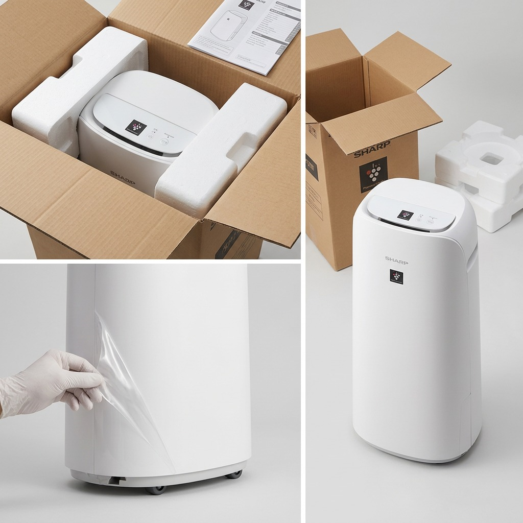 A multi-frame image of the SHARP air purifier being unboxed, showing it well-protected by foam and cardboard.