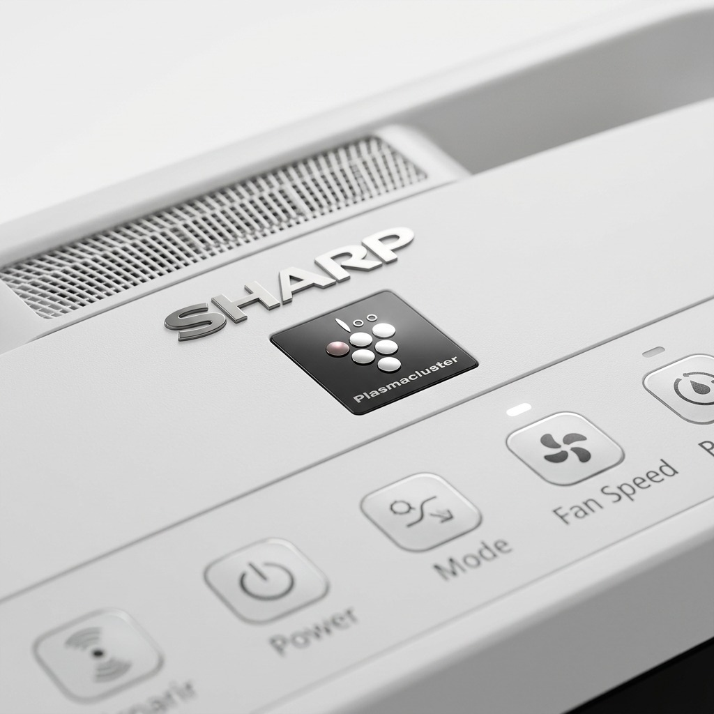 Detail close-up of sharp air purifier control panel with Plasmacluster indicator and SHARP logo.