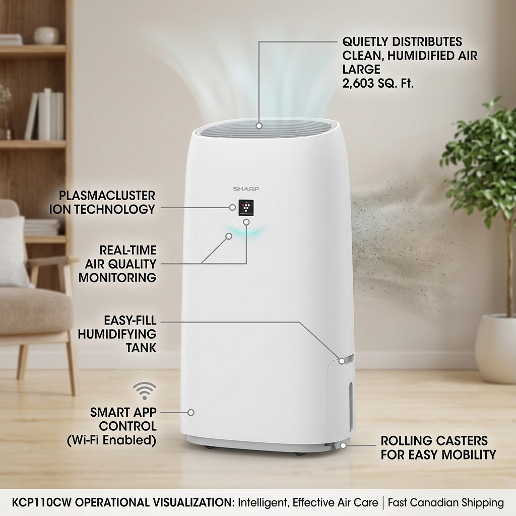 Feature diagram of the Sharp KCP110CW smart air purifier highlighting key operations and benefits.