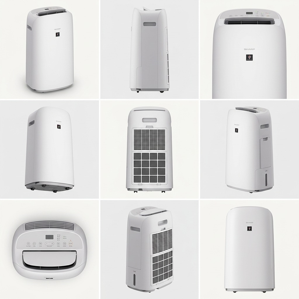 A 3x3 matrix showing the specified Sharp Smart HEPA Air Purifier from multiple distinct angles, including front, side, back, and top-down views.
