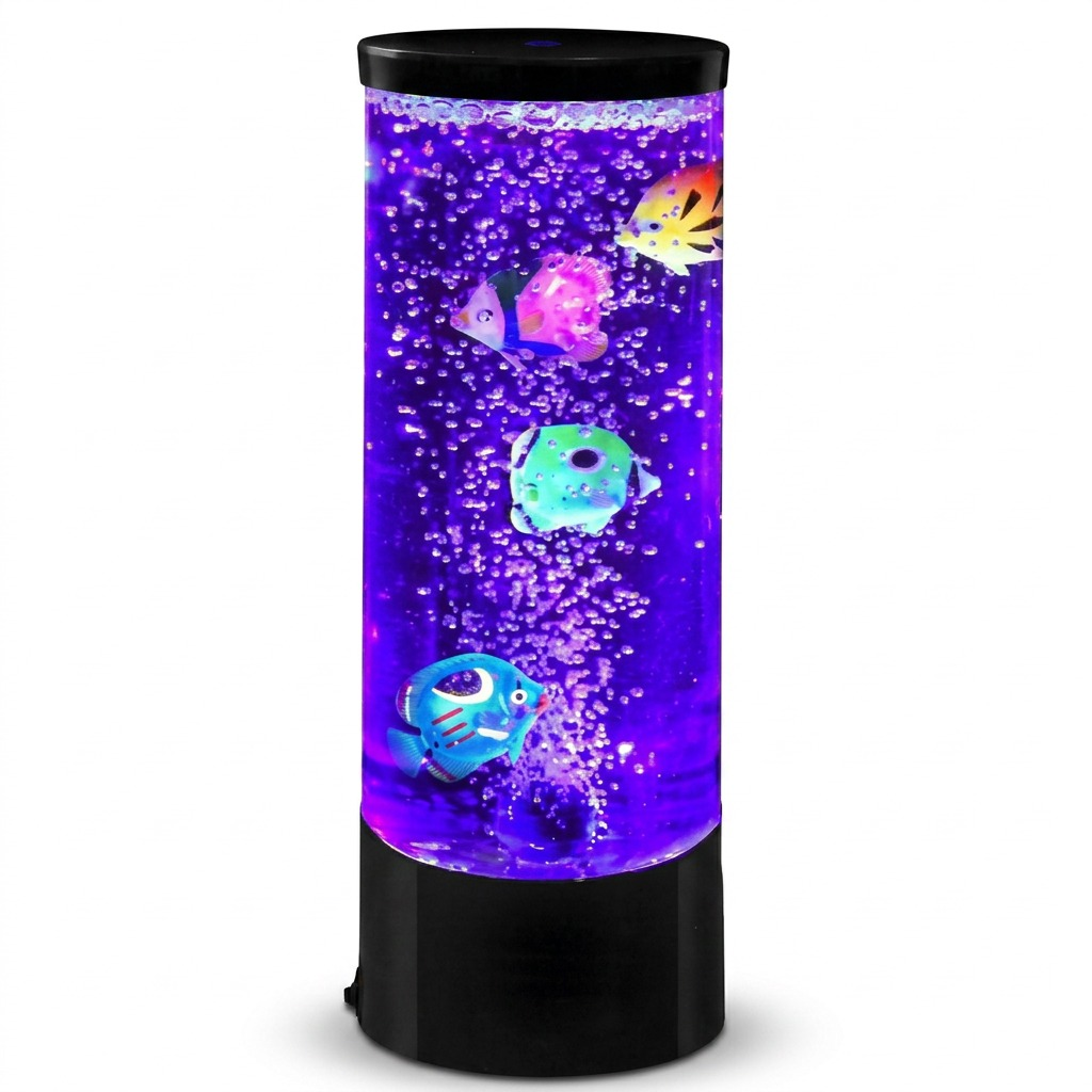 fdmt Bubblebloom Mini Bubble Tube (28cm) with purple LED light, artificial fish, and rising bubbles.