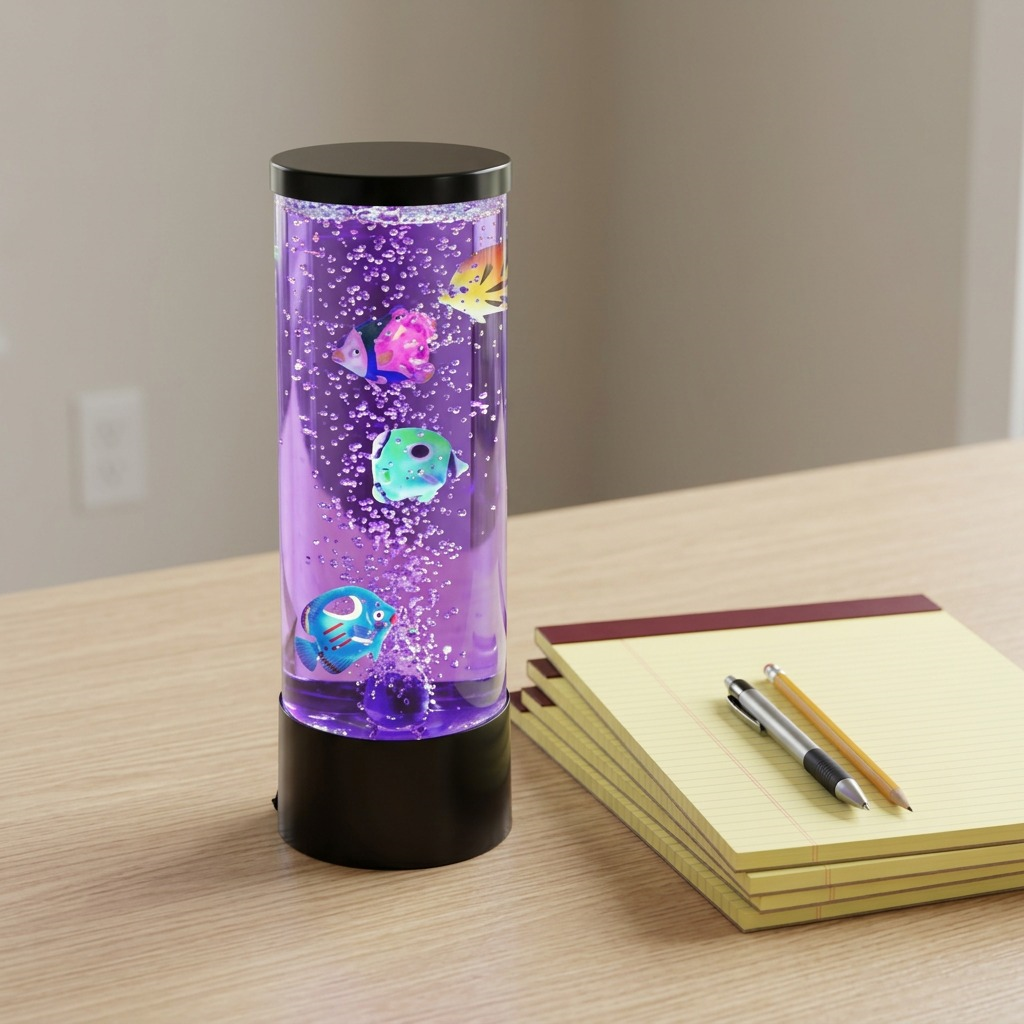 fdmt Bubblebloom Mini Bubble Tube (28cm) on a desk next to a notepad and pen for scale reference.