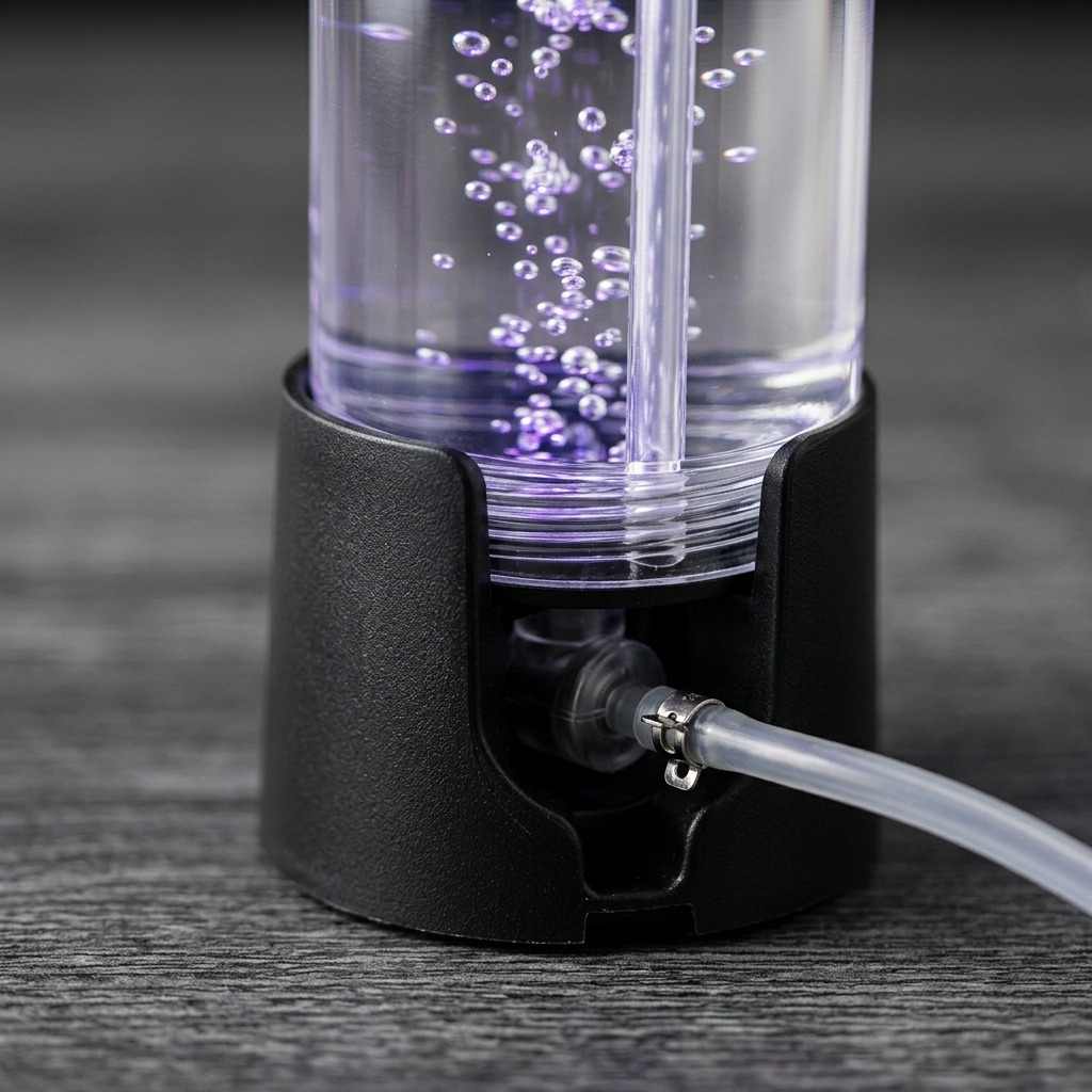 Macro detail of fdmt Bubblebloom Mini Bubble Tube base showing air hose connection and bubbles.