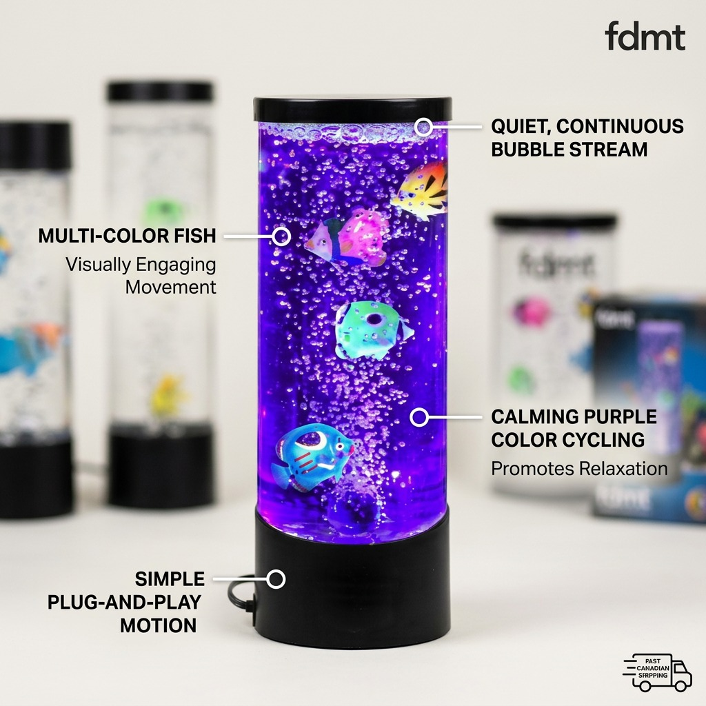 fdmt Bubblebloom Mini Bubble Tube with feature callouts for color cycling and quiet bubble stream.