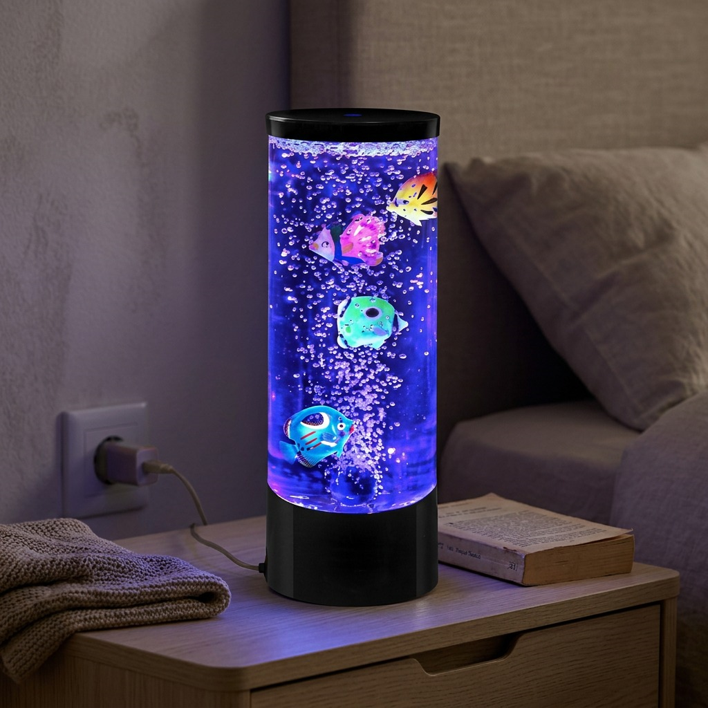 fdmt Bubblebloom Mini Bubble Tube with glowing blue light and floating fish on a bedroom nightstand.
