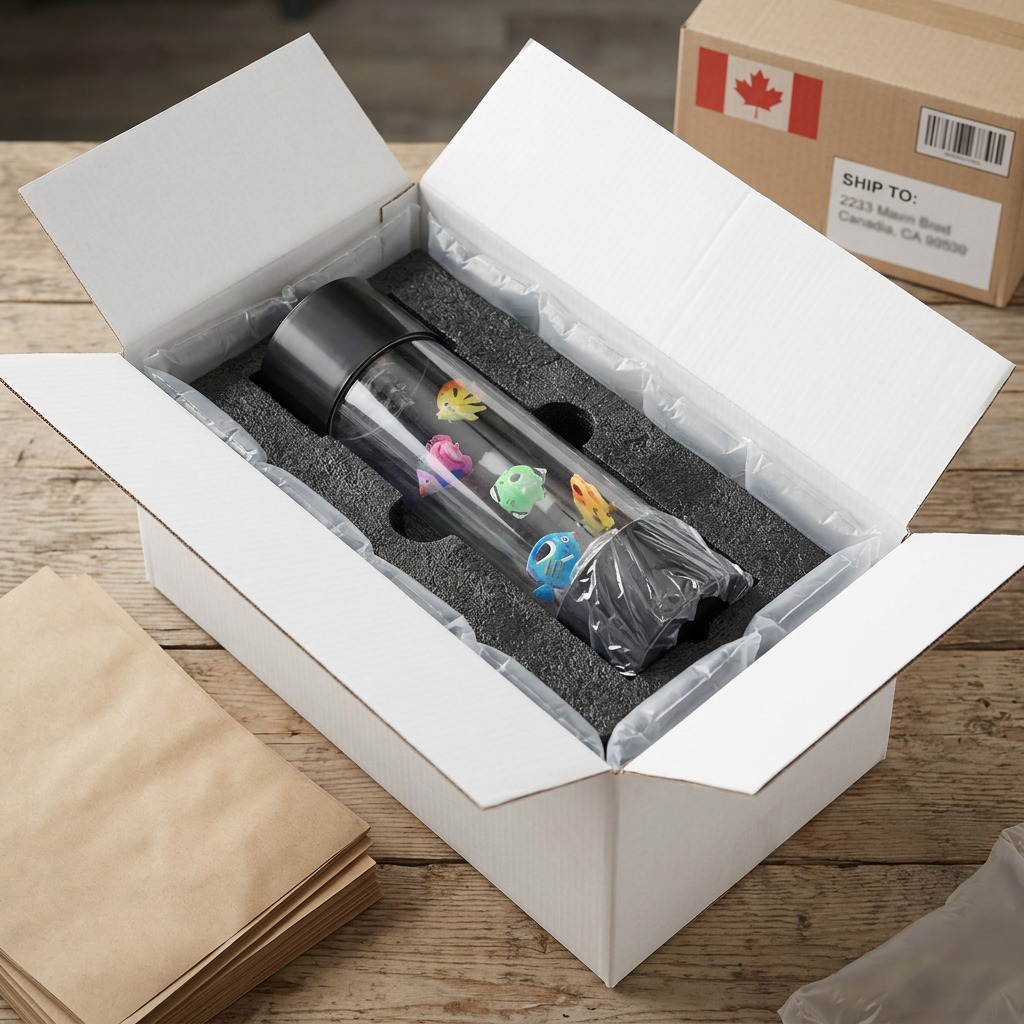 fdmt Bubblebloom Mini Bubble Tube securely packed in a shipping box with foam and air cushions.