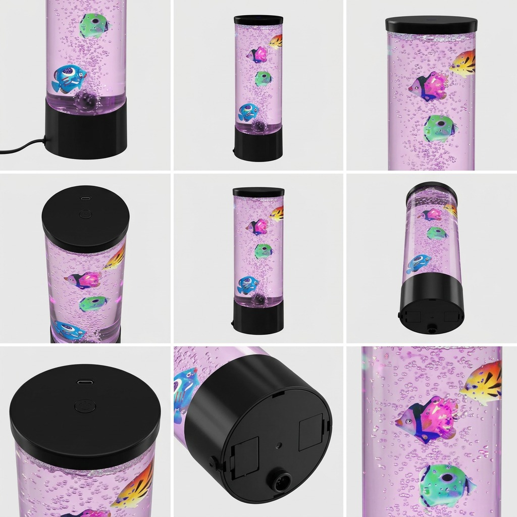 Grid showing multiple angles of fdmt Bubblebloom Mini Bubble Tube with purple light and toy fish.