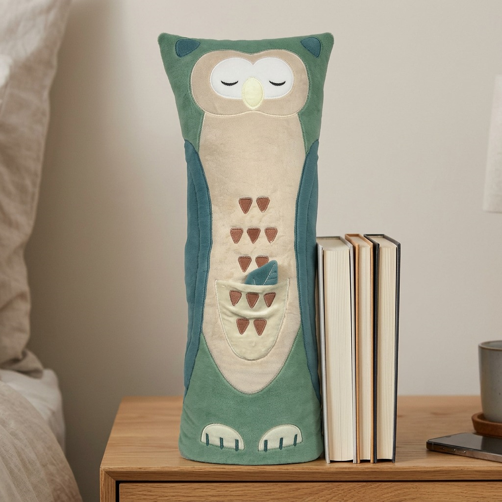 Size reference photo of the fdmt zigzag the owl plush standing next to a stack of books.