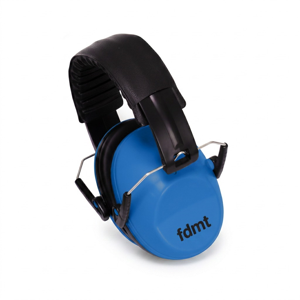 fdmt blue sensory earmuffs with black padded headband for noise protection on a white background.
