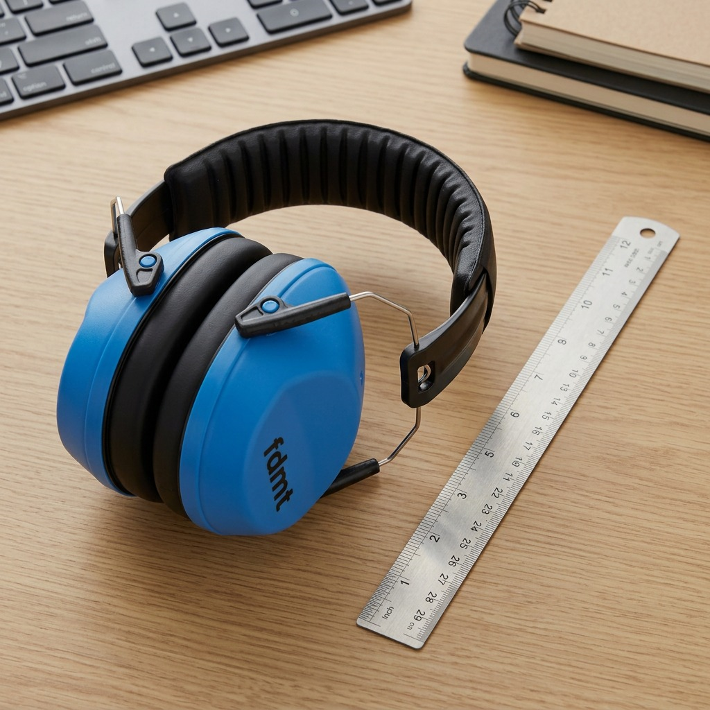 Blue fdmt noise-cancelling earmuffs for sensory support shown next to a ruler for scale on a desk.