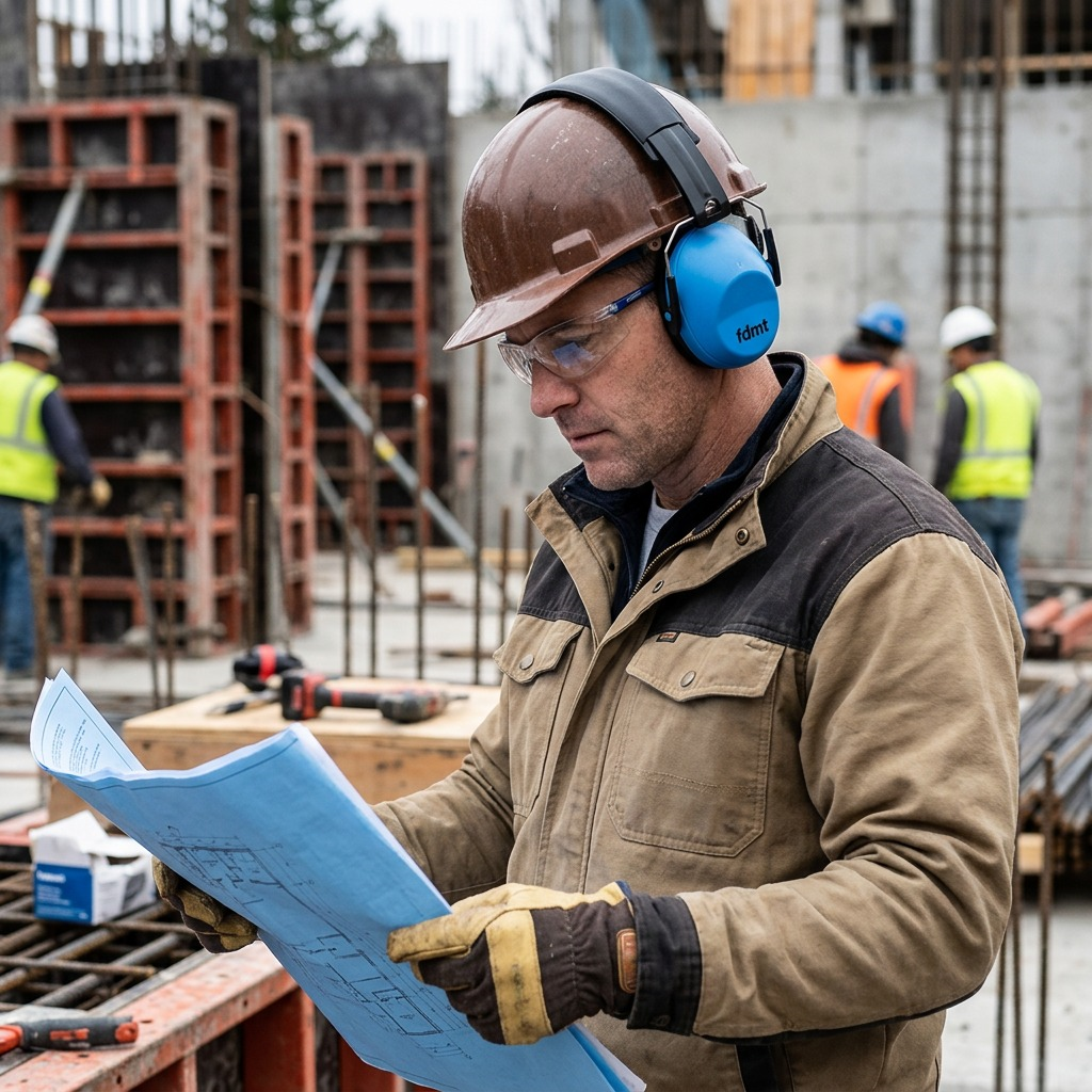 A construction worker wearing blue fdmt earmuffs, a hard hat, and safety glasses reads blueprints.