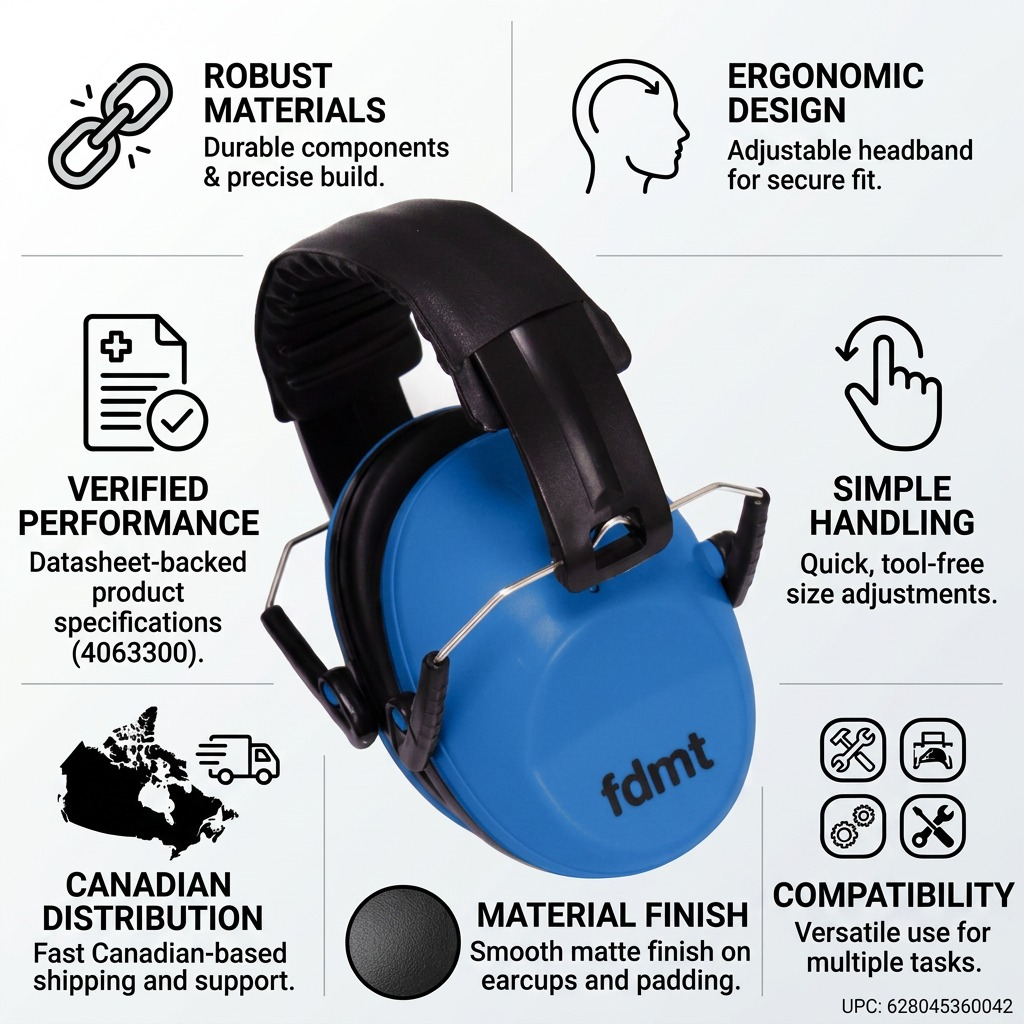 Infographic for blue fdmt earmuffs showing ergonomic design, robust materials, and Canadian shipping.