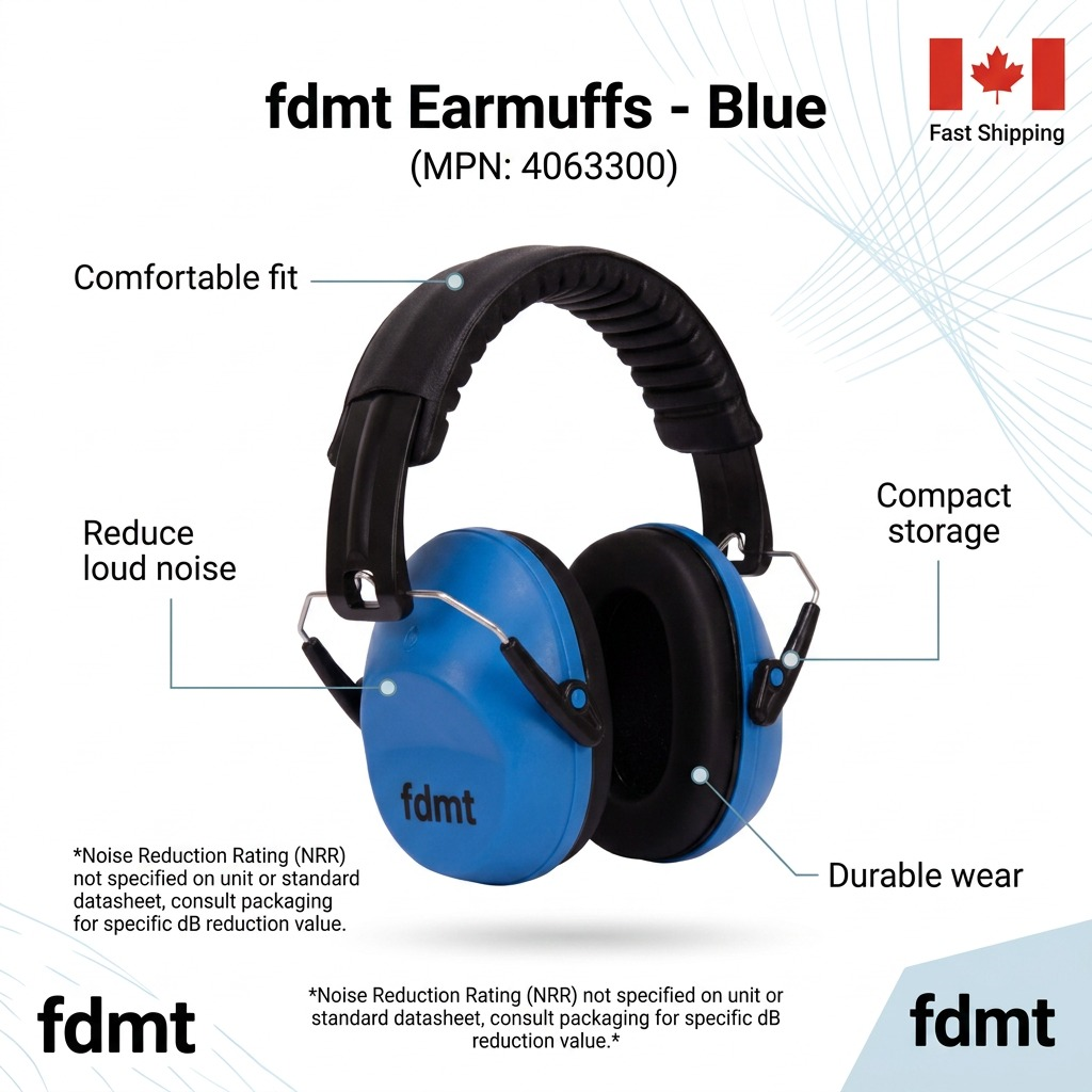 Blue fdmt Earmuffs with feature callouts for comfortable fit, noise reduction, and compact storage.