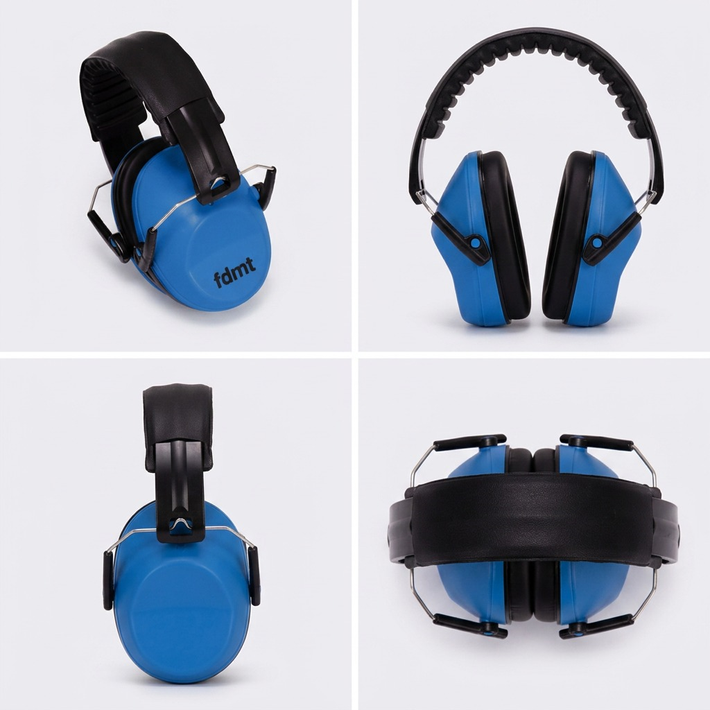 Matrix view of blue fdmt earmuffs showing front, side, and top angles with padded black headband.
