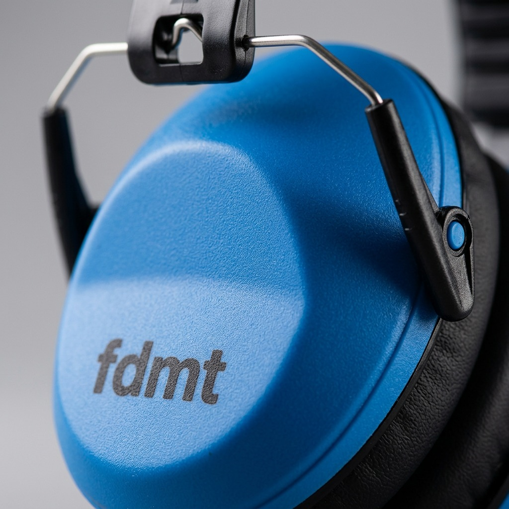 Macro detail of blue fdmt earmuffs showing matte texture, metal wire frame, and black ear cushion.