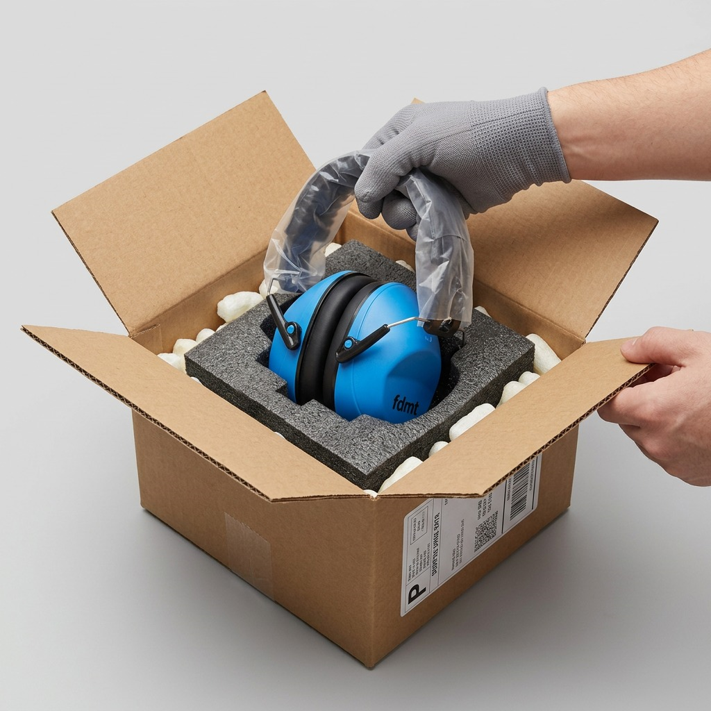 Blue fdmt earmuffs being carefully unboxed from a secure shipping box with foam and packing peanuts.