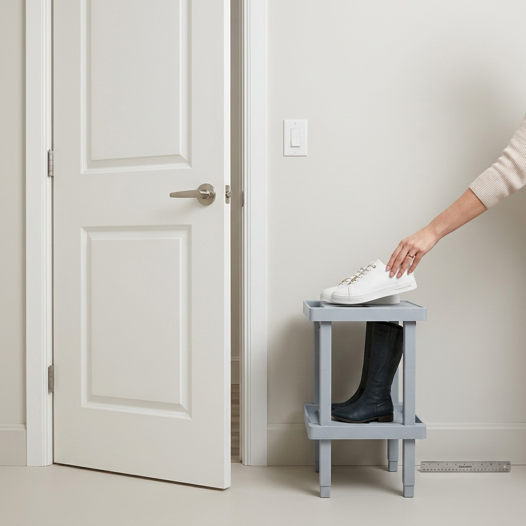 Rakabot LOCKER 2-tier shoe rack with a white door and hand to show scale.
