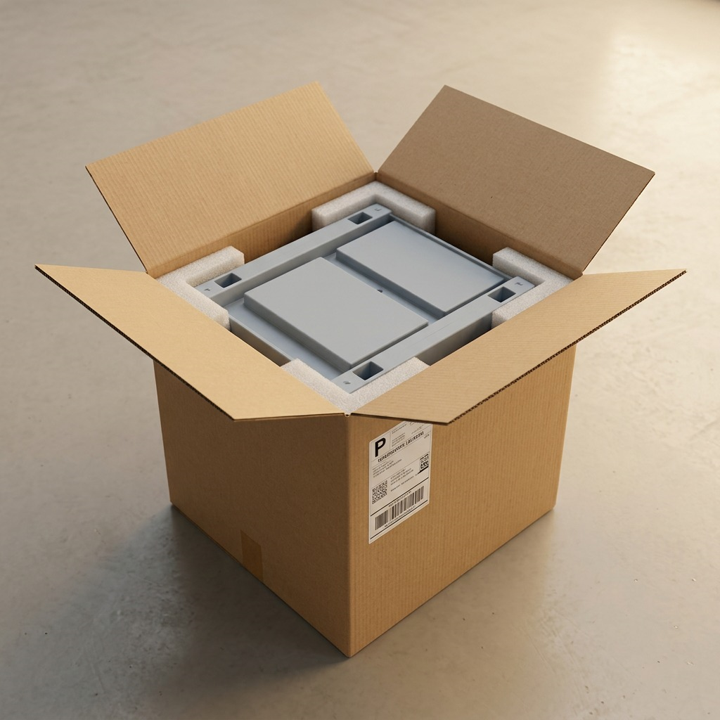 A photo of the LOCKER 2 Tier shoe rack parts securely held in a shipping box by molded foam, creating confidence.