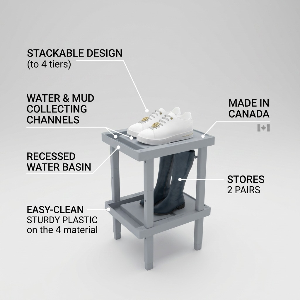 Product visual matrix for the Rakabot Locker 2-tier shoe rack, highlighting operational features with precise pointer lines in a factual e-commerce style, including water collecting basins and 'Made in Canada' text.
