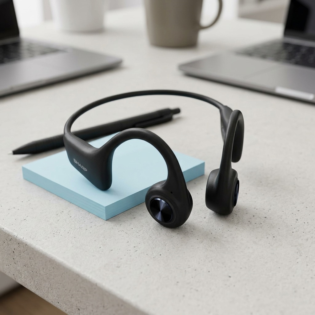 A realistic photo of matte black bone conduction earphones on a desk next to a pen and a standard stack of blue sticky notes for size comparison.