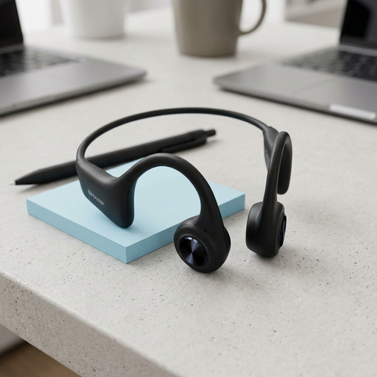 A realistic photo of matte black bone conduction earphones on a desk next to a pen and a standard stack of blue sticky notes for size comparison.