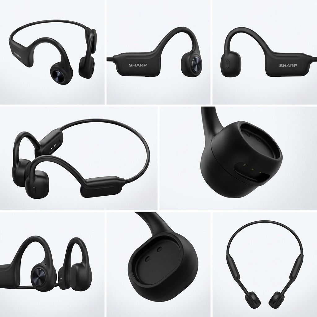 A 3x2 matrix of images displaying the Sharp HP-BC55 bone conduction earphones from various clean angles.