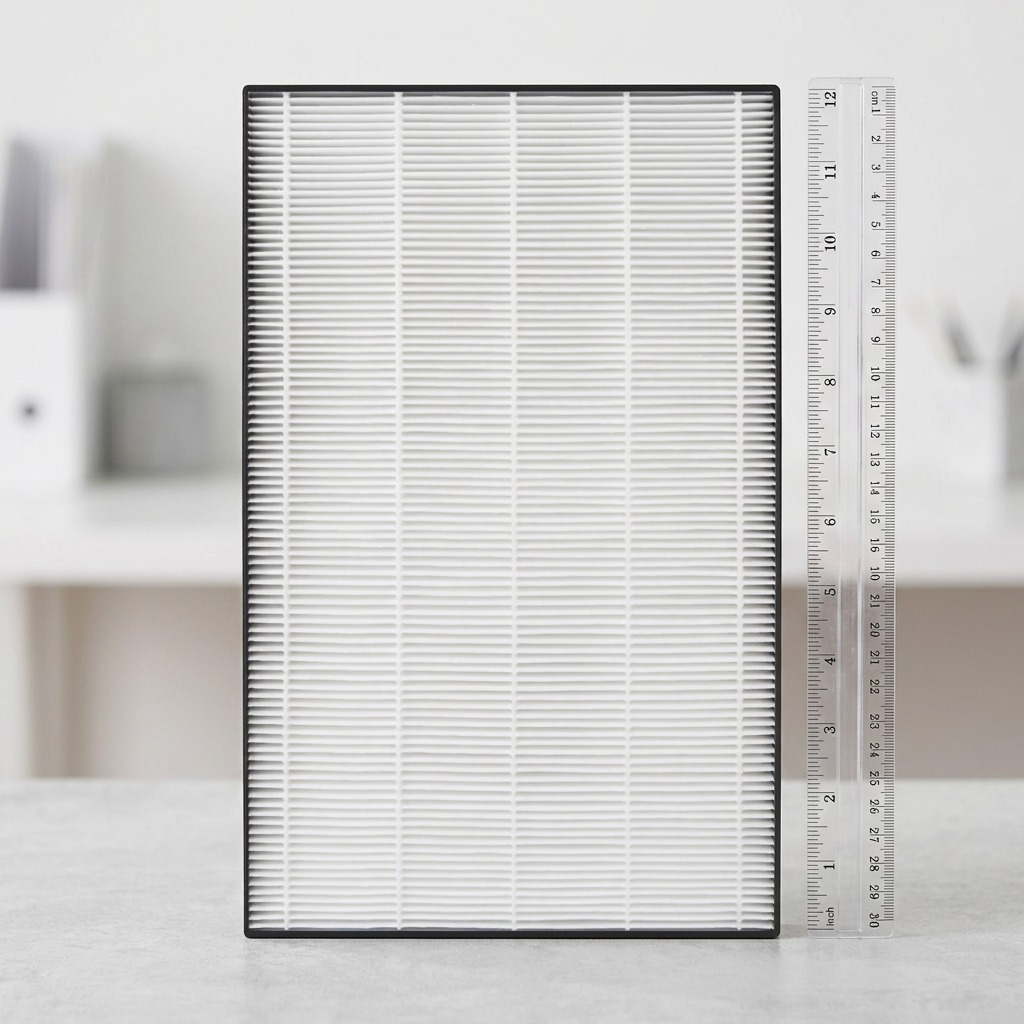 Photo showing the K50HFU True HEPA filter next to a standard 12-inch ruler for scale comparison.