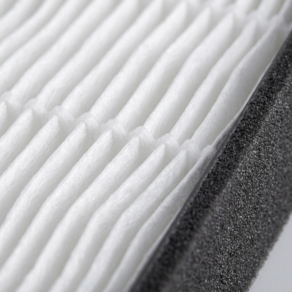 Macro close-up: deeply pleated white HEPA filter fibers and dark gray gasket edge.