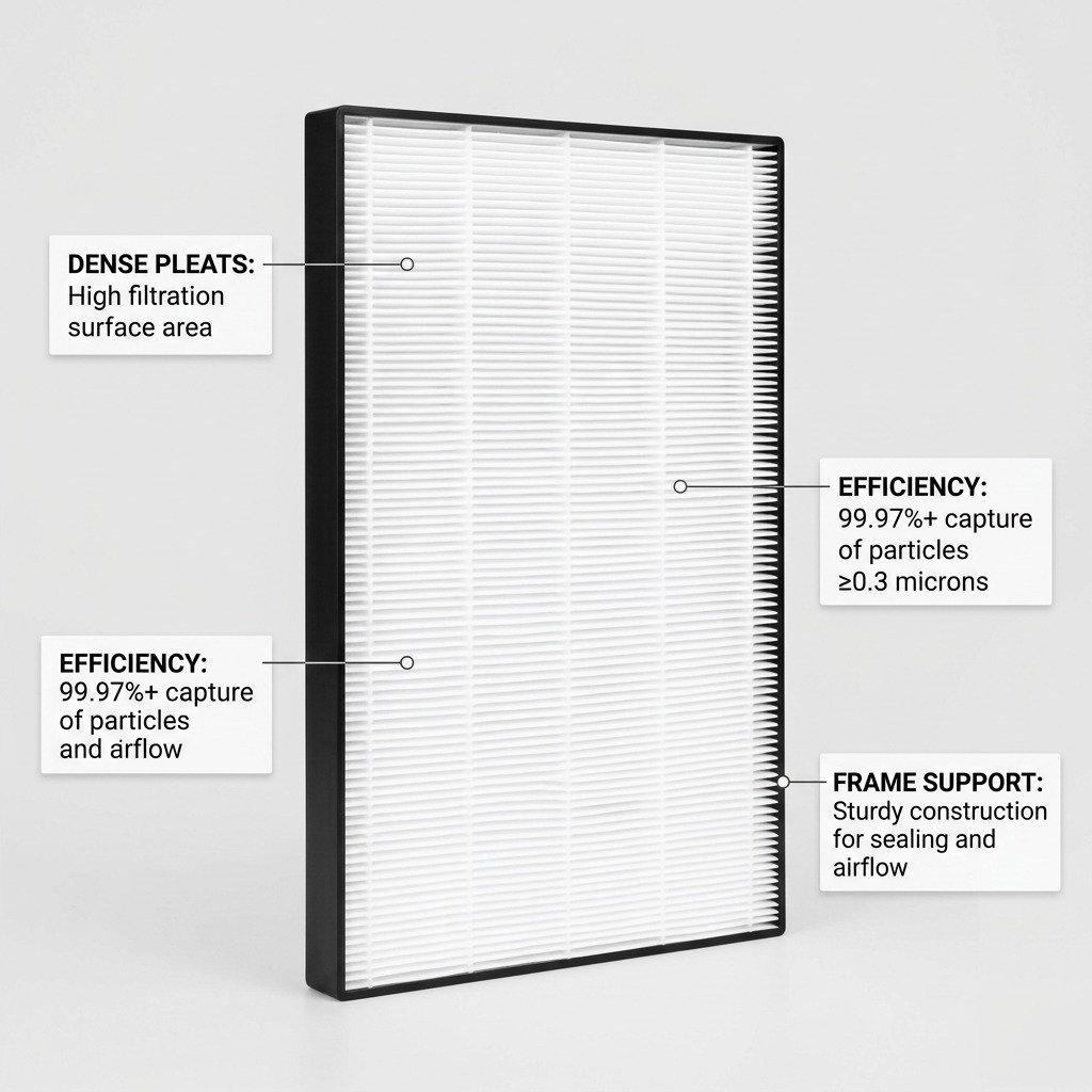 A functional product graphic illustrating the 99.97% particle capture rate and long lifespan of a HEPA air filter.