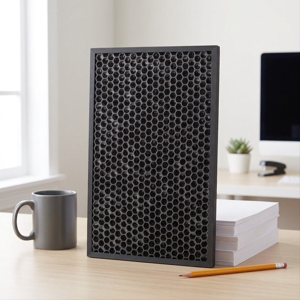 A Sharp carbon filter shown in a home office environment on a desk, providing a clear size comparison.
