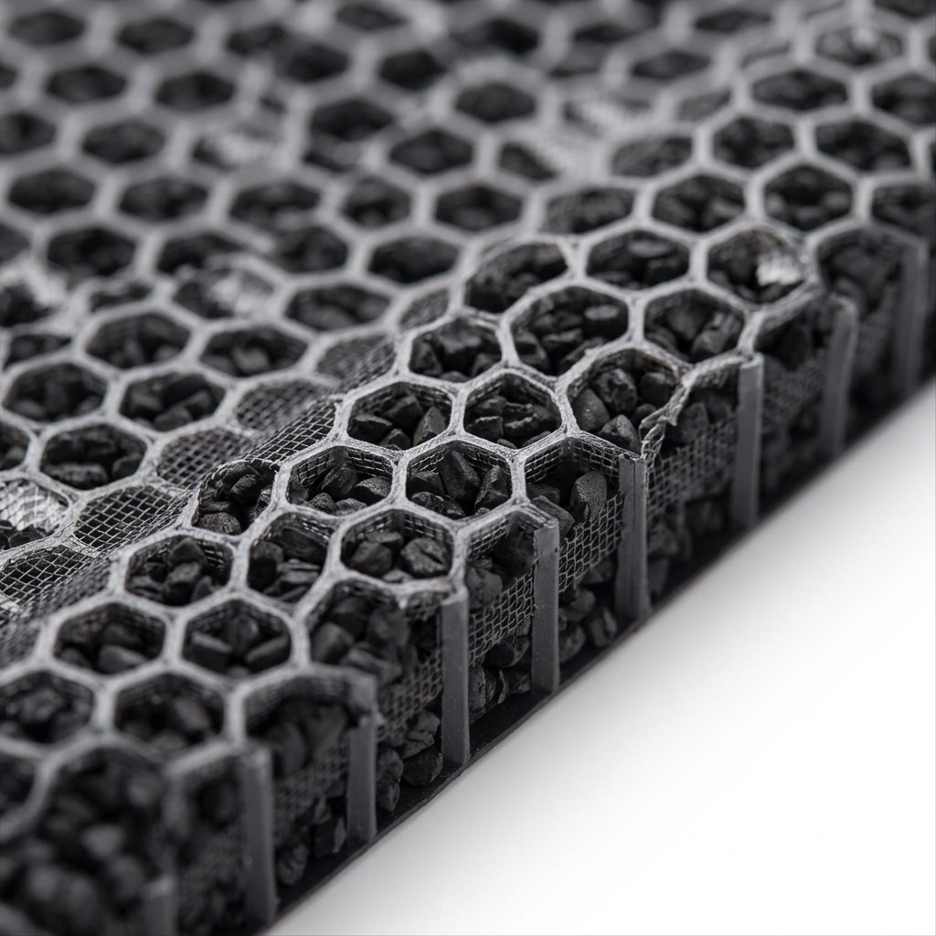 Extreme macro photo showing the precision hexagon honeycomb structure, fine filter mesh, and densely packed activated carbon granules of the FZK50DFU filter.