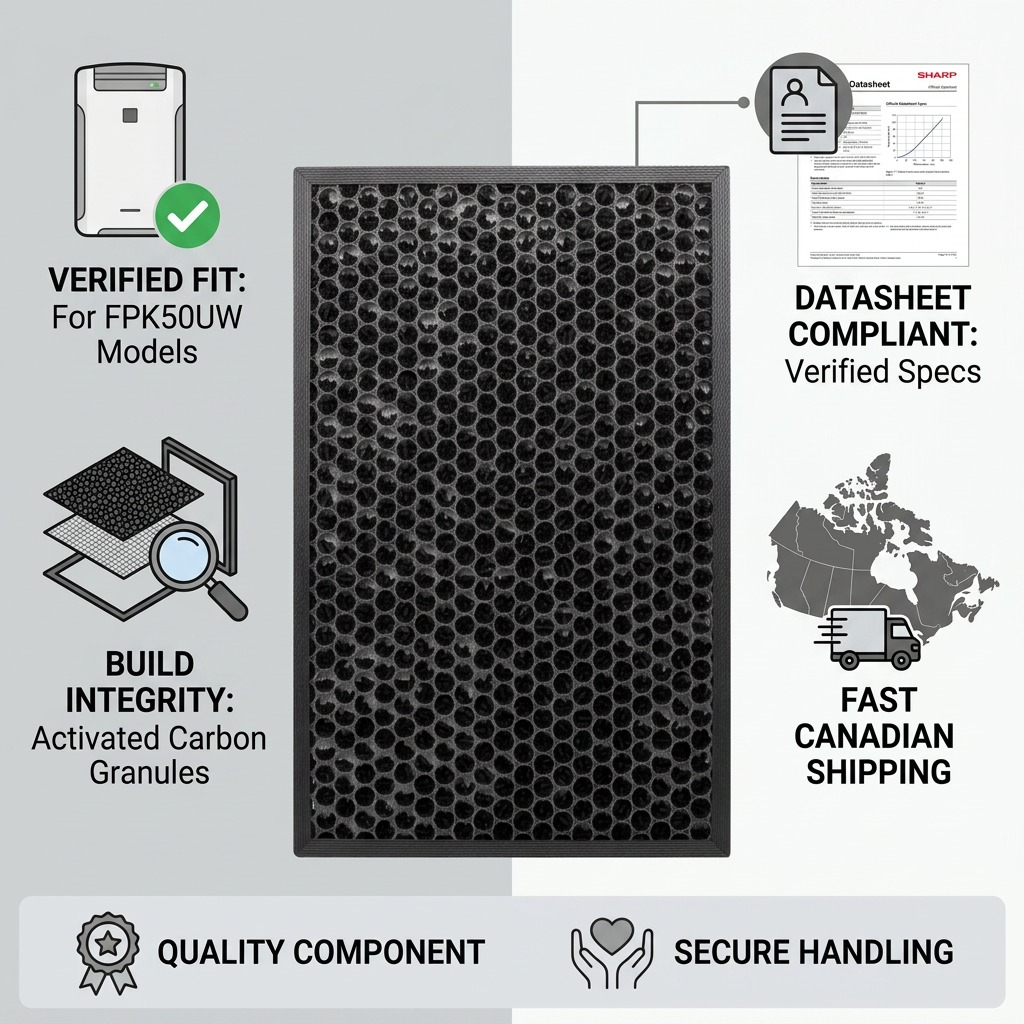 Infographic for Sharp FZK50DFU carbon filter showing product specifications, fit, and fast Canadian shipping.