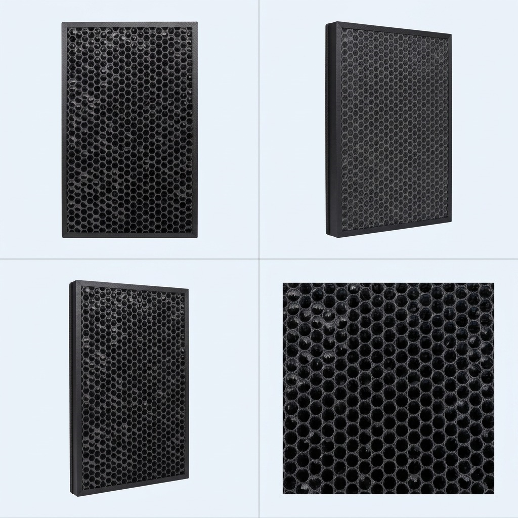 PDP visual matrix showcasing the SHARP FZK50DFU Active Carbon Filter from three diverse angles in a grid.