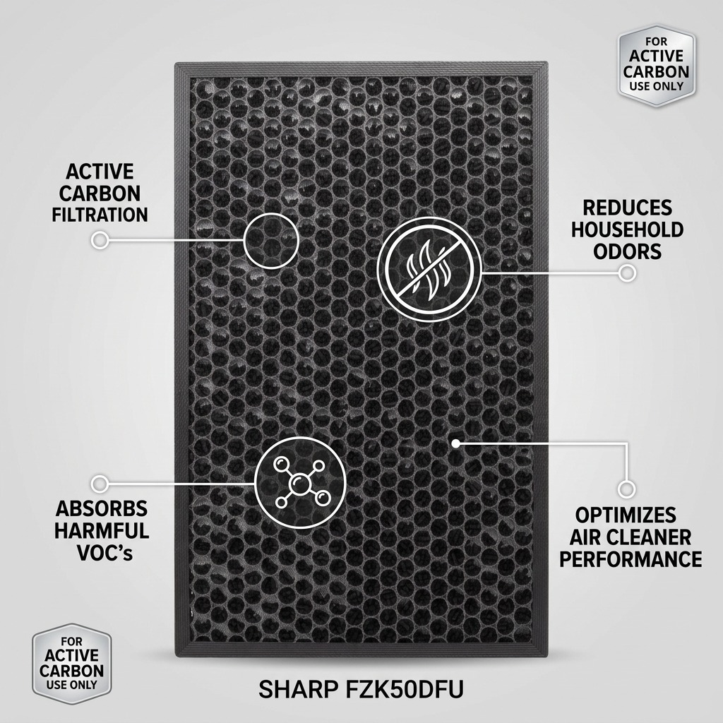Product feature matrix image for SHARP FZK50DFU Active Carbon Filter, highlighting its odor reduction, VOC absorption, and air purification benefits.
