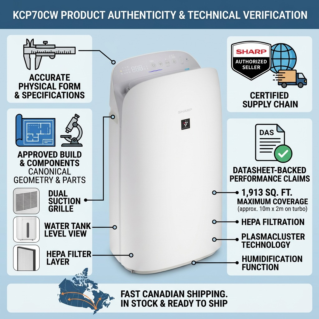 Trust and authority infographic verifying the SHARP KCP70CW air purifier details and performance.