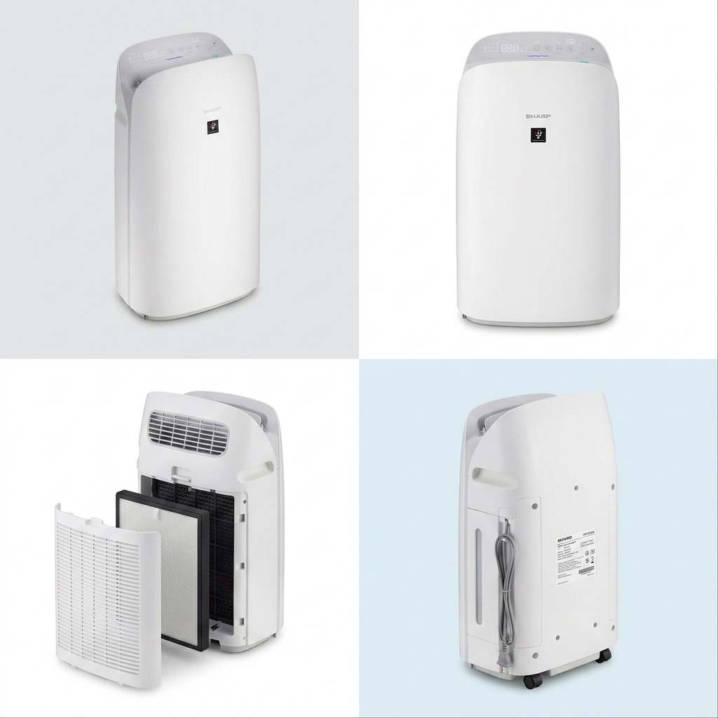Sharp KCP70CW air purifier demonstrating clean-air circulation and humidification features.